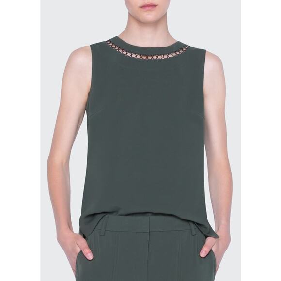 Akris Punto Laser-Cut Chained Crepe Tank Top Sz 10 dark green designer Career - Picture 2 of 10